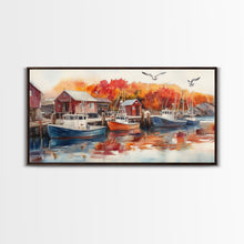 Cargar imagen en el visor de la galería, Fishing boats in harbor with autumn trees, framed canvas print, fall coastal art, rustic nautical decor, perfect gift idea, autumn wall art
