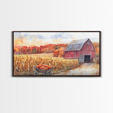 Carregar imagem no visualizador da galeria, Autumn Barn with Pumpkins in Wheelbarrow, Farmhouse Fall Decor, Framed Canvas Print, Seasonal Wall Art, Country Home Decor, Gift Idea
