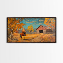 Load image into Gallery viewer, Cowboy Horse Autumn River Framed Canvas Print Perfect Above Sofa Fall Cowboy Art Moody Landscape Fall Western Wall Art
