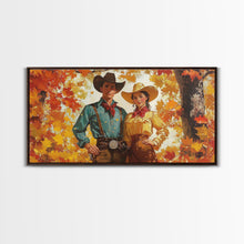 Carregar imagem no visualizador da galeria, Autumn Cowboy In Forest Framed Canvas Print Western Cowboy Wall Art Fall Cowboy Gift Rustic Wall Decor Moody Landscape Above Sofa
