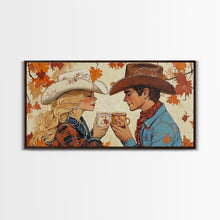 Load image into Gallery viewer, Cowgirl &amp; Cowboy Enjoy Some Hot Chocolate, Art For Couples, Framed Canvas Print, Rustic Farmhouse Home Decor, Wall Art Rustic Decor
