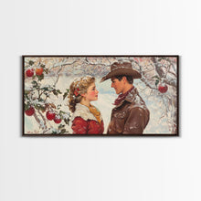 Load image into Gallery viewer, Cowboy and Cowgirl meet under the mistletoe, framed canvas print, cute winter wall art, Christmas home decor, seasonal rustic decor
