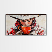 Load image into Gallery viewer, Cowboy in forest with burning fire, deep autumn hues, Framed Canvas Print, moody landscape, fall western art, rustic wall piece, wall decor
