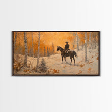 Load image into Gallery viewer, Cowboy riding horse through deep snow in a winter storm, Framed Canvas Print, dynamic winter wall art, rustic western home decor
