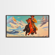 Load image into Gallery viewer, Cowboy in red jacket riding through snow-covered forest, Framed Canvas Print, vibrant winter wall art, rustic western decor

