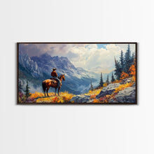 Load image into Gallery viewer, Close-up of Western cowgirl in fall foliage, Framed Canvas Print, modern tall art farmhouse gallery wall, rustic cowboy aesthetic wall print
