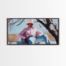 Carregar imagem no visualizador da galeria, Autumn-themed portrait Framed Canvas Print of a woman in a cowboy hat holding a cup of coffee, surrounded by fall leaves, cozy fall decor
