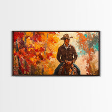 Load image into Gallery viewer, Cowboy Riding Through The Autumn Trees, Framed Canvas Print, Rustic Farmhouse Wall Art, Boho Style Seasonal Watercolor Painting
