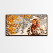 Cargar imagen en el visor de la galería, Charming Framed Canvas Print of a Cowgirl in Autumn Leaves, Perfect Fall Wall Decor and Gift Idea for Fans of Western Art Rustic Home Decor
