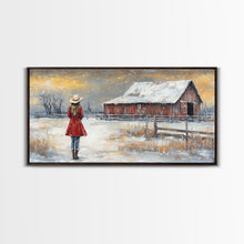 Load image into Gallery viewer, Barn Painting Framed Canvas Print, Cowgirl and her Barn, Rustic Farmhouse Decor, Winter Painting, Winter Wonderland, Farmhouse Wall Art
