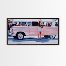 Load image into Gallery viewer, Cute Cowgirl and Her Pink Truck, Framed Canvas Print, Retro Pink Fall Decor, Wall Art Fall Home Decor, Ideal Gift Idea Rustic Seasonal Decor
