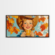 Load image into Gallery viewer, Cowgirl Having A Cup Of Joe, Framed Canvas Print, Farmhouse / Western Rustic Charm, Seasonal Art Piece to Warm Up Your Home Decor This Fall

