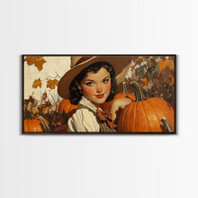 Load image into Gallery viewer, Cowgirl In A Pumpkin Patch, Framed Canvas Print, Retro Style Fall or Thanksgiving Wall Art, Farmhouse Decor, Christmas Wall Decor Gift
