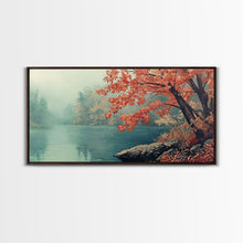 Load image into Gallery viewer, Fall On The Lake, Watercolor Landscape Painting Framed Canvas Print, retro holiday decor wall art with nostalgic vibe
