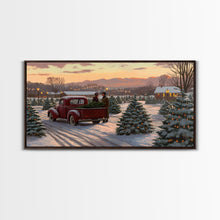 Cargar imagen en el visor de la galería, Christmas Tree Farm Framed Canvas Print, Red Truck Winter Scene, Farmhouse Christmas Decor, Christmas Vacation Decor, Holiday Art Gift
