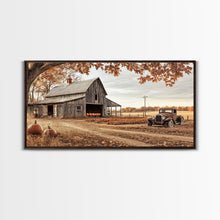 Cargar imagen en el visor de la galería, Farmhouse Autumn Decor Framed Canvas Print with Rustic Truck and Barn, Fall Country Art Wall Decor, Pumpkin Harvest Gift Idea Seasonal Decor
