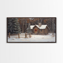 Load image into Gallery viewer, Snowy Log Cabin Christmas Framed Canvas Print, Rustic Winter Wonderland Art, Cozy Holiday Decor, Best Gift Christmas Wall Art

