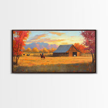 Carregar imagem no visualizador da galeria, Autumn Cowboy Farm Framed Canvas Print, Cozy Fall Farmhouse Wall Art, Country Western Landscape Decor, Best Gift Seasonal Wall Art
