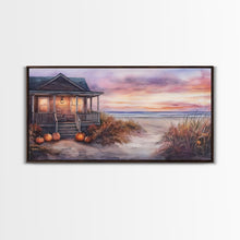 Cargar imagen en el visor de la galería, Rustic Beach Cottage Fall Scene Framed Canvas Print, Coastal Autumn Sunset Wall Art Ideal Autumn Gift, Seasonal Beach Decor
