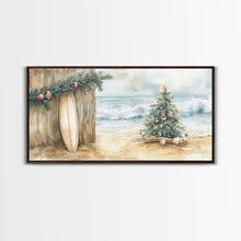 Load image into Gallery viewer, Christmas Tree On Sandy Beach With Surfboard Coastal Decor Framed Canvas Print, Beach Christmas Decor Wall Art
