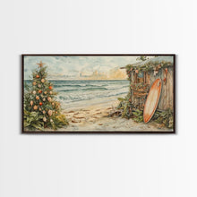 Load image into Gallery viewer, Christmas Tree Beside Rustic Beach House Coastal Holiday Scene Framed Canvas Print, Beach Christmas Wall Art And Decor
