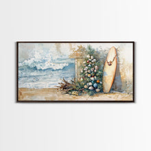 Cargar imagen en el visor de la galería, Coastal Christmas Scene Surfboards Christmas Tree Framed Canvas Print, Beach Holiday Decor Wall Art With Surfing Theme
