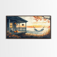 Load image into Gallery viewer, Cozy Autumn Porch with Pumpkins Framed Canvas Print, Warm Sunset Beach Scene Perfect Fall Seasonal Wall Art and Home Decor
