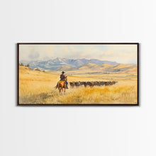 Load image into Gallery viewer, Cowboy On Snowy Path Framed Canvas Print Tall Art Winter Wonderland Western Christmas Decor Rustic Winter Wall Art Gift Cowboy Holiday Gift
