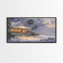 Cargar imagen en el visor de la galería, Christmas beach decor scene in tropical house with wreath and lights, Framed Canvas Print palm trees snow, winter art and holiday home decor
