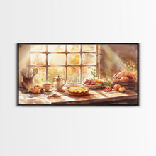 Load image into Gallery viewer, Thanksgiving table scene with food, pies and fall decor, Framed Canvas Print with pumpkins sunlight, autumn harvest home wall art and decor

