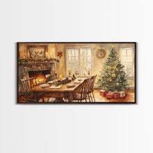 Load image into Gallery viewer, Rustic Christmas dining room scene with a Christmas tree, Framed Canvas Print with a festive table warm fireplace, farmhouse holiday decor
