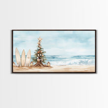 Carregar imagem no visualizador da galeria, Beach Christmas scene with surfboards and decorated tree, tropical holiday art framed canvas print, perfect coastal seasonal decor
