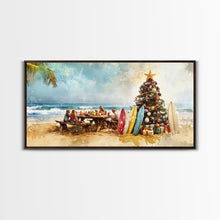 Cargar imagen en el visor de la galería, Christmas family picnic by the beach with surfboards and tree, framed canvas print tropical coastal holiday beach Christmas decor
