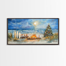 Cargar imagen en el visor de la galería, Christmas bonfire on the beach with surfboards and decorated tree, framed canvas print ideal tropical holiday wall art decor
