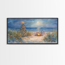 Carregar imagem no visualizador da galeria, Beach Christmas family gathering by the ocean and bonfire, framed canvas print featuring tropical holiday decor wall art
