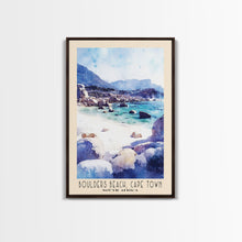 Load image into Gallery viewer, Boulders Beach, Cape Town, South Africa Watercolor Print, Vacation Gift, South Africa Wall Art, Beach Painting, Beach Decor, Large Wall Art, Wood Frame Art
