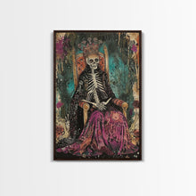 Cargar imagen en el visor de la galería, Skeleton King in Regal Throne Framed Canvas Print, Royalty Decor, Halloween Skeleton Art, Haunted Mansion Wall Art, Gothic Skeleton Print
