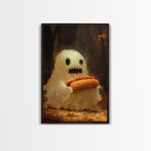 Cargar imagen en el visor de la galería, CHOMP! Cute Lil Ghost Eatin&#39; a Dog, The Hot Dog Ghost, Haunted Hot Dog Thief, Framed Canvas Print, Halloween Art
