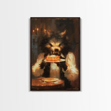 Load image into Gallery viewer, Halloween Werewolf Eating Hotdog, Framed Canvas Print, Wall Art, Spooky Artwork, Fantasy Decor, Halloween Decor, Whimsical Funny Halloween
