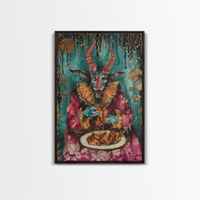 Carregar imagem no visualizador da galeria, A demon eating some hot wings - hope he didn&#39;t sell his soul for them they look pretty good! Halloween Wall Art Framed Canvas

