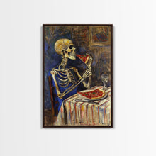 Load image into Gallery viewer, Funny Skeleton Eating A Pizza, Framed Canvas Print, Halloween Decor
