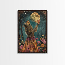 Load image into Gallery viewer, That&#39;s A Howlin&#39; Good Pizza, Werewolf Eatin a Pizza and Howlin at The Moon, Framed Canvas Print, Funny Halloween Art
