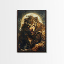 Carregar imagem no visualizador da galeria, Ferocious Werewolf Under Full Moon Framed Canvas Print | Halloween Monster Art | Spooky Werewolf Decor for Home | Intense Werewolf Artwork
