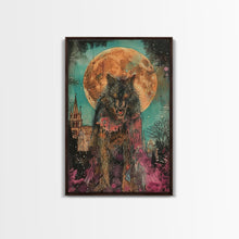 Load image into Gallery viewer, Fierce Werewolf with Blood Moon Framed Canvas Print | Halloween Monster Art | Spooky Werewolf Decor for Home | Intense Full Moon Artwork
