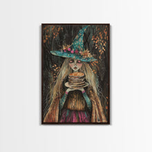 Load image into Gallery viewer, The Witch and Her Pancakes, Breakfast Witch, Framed Canvas Print, Funny Halloween Art
