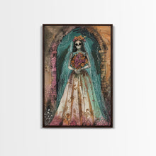 Load image into Gallery viewer, Skeleton Bride in Floral Arch Framed Canvas Print | Halloween Bride Art | Spooky Bride Decor for Home | Gothic Wedding Artwork
