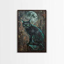 Carregar imagem no visualizador da galeria, Black Cat with Piercing Green Eyes, Framed Canvas Print, Spooky Cat Art, Witchy Feline Decor, Halloween Wall Art, Gothic Cat Decor
