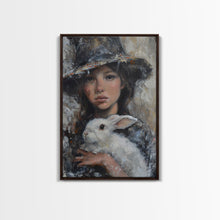 Load image into Gallery viewer, Enchanting Witch with White Rabbit in Serene Autumn Setting - Mystical Forest Art Framed Canvas Print, Halloween Home Decor
