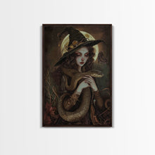 Load image into Gallery viewer, Witch Holding Snake under Full Moon - Dark Forest Sorcery Gothic Art Framed Canvas Print, Halloween Witchy Decor
