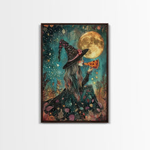 Load image into Gallery viewer, Spring Witch and Her Slice Of Pizza, Framed Canvas Print, Cute / Funny Halloween Art
